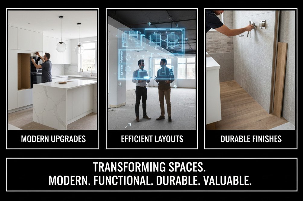 We specialize in transforming your existing spaces into something new and improved. Our focus is on modern upgrades, efficient layouts, and durable finishes to enhance both the value and functionality of your property.