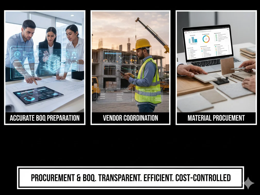 Accurate BOQ preparation, vendor coordination, and material procurement support are crucial services that ensure transparency and cost efficiency for your construction project. We meticulously manage these areas to keep your project on budget and on schedule.
